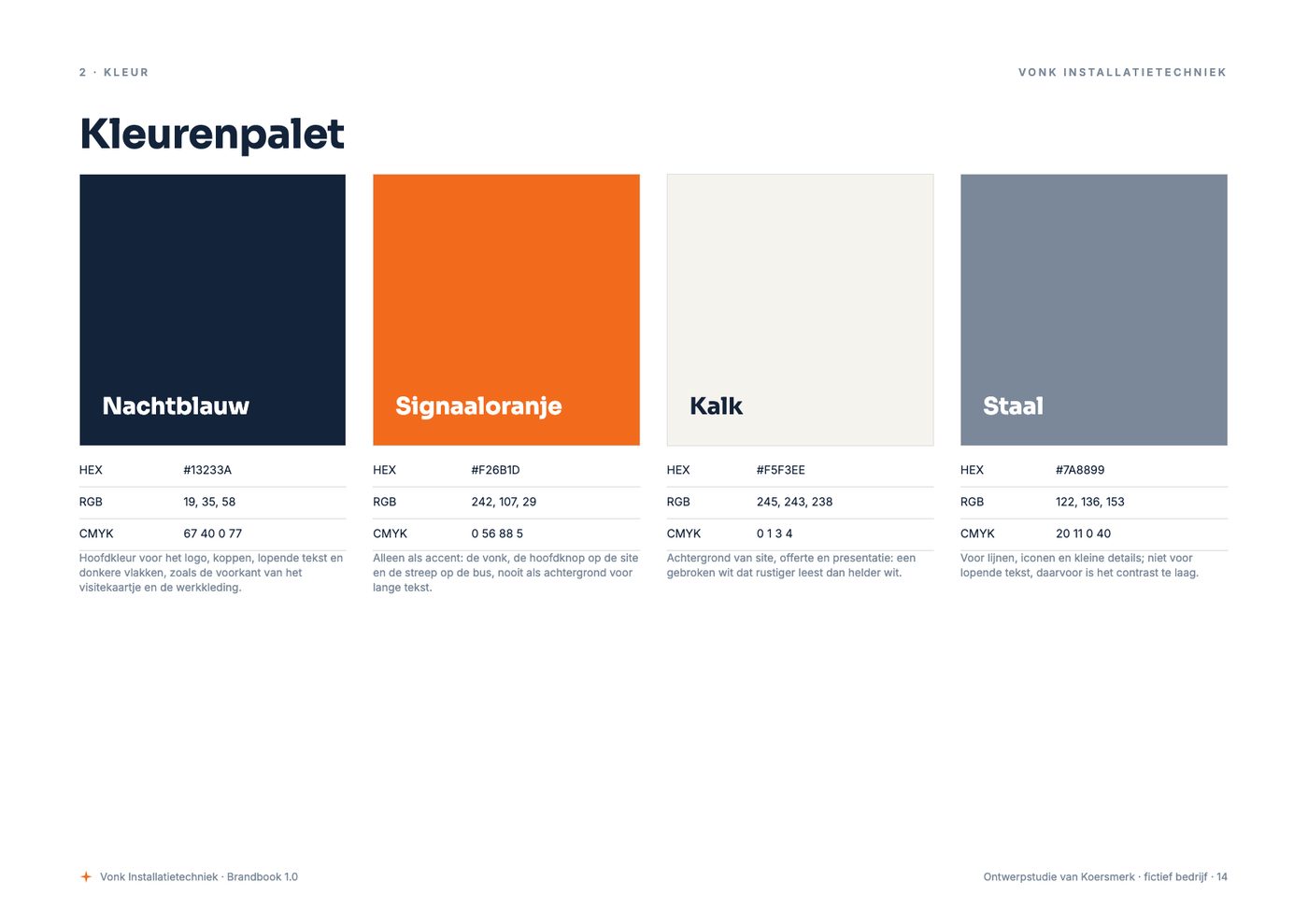 Kleuren uit het brandbook van Vonk Installatietechniek